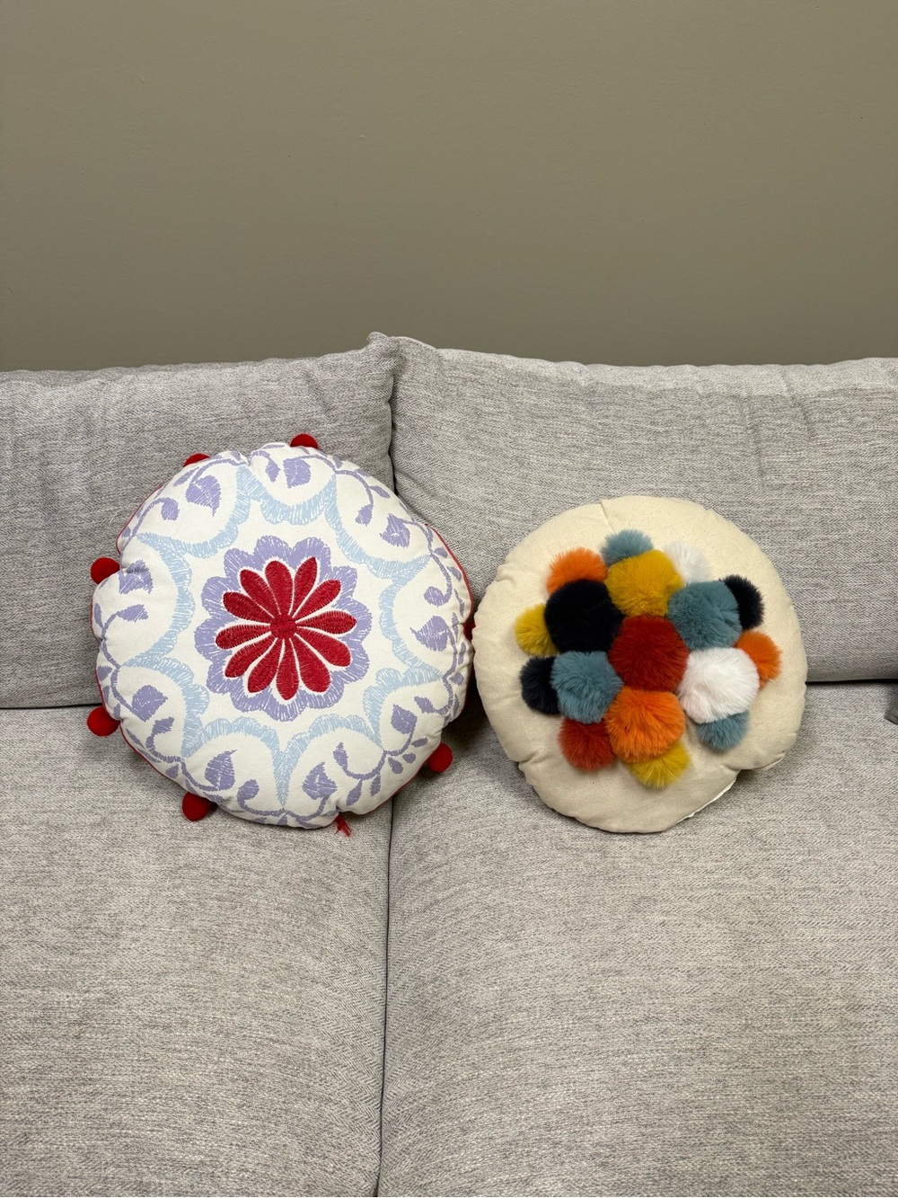Round Decorative Throw Pillow - Multicolor Pom Accent